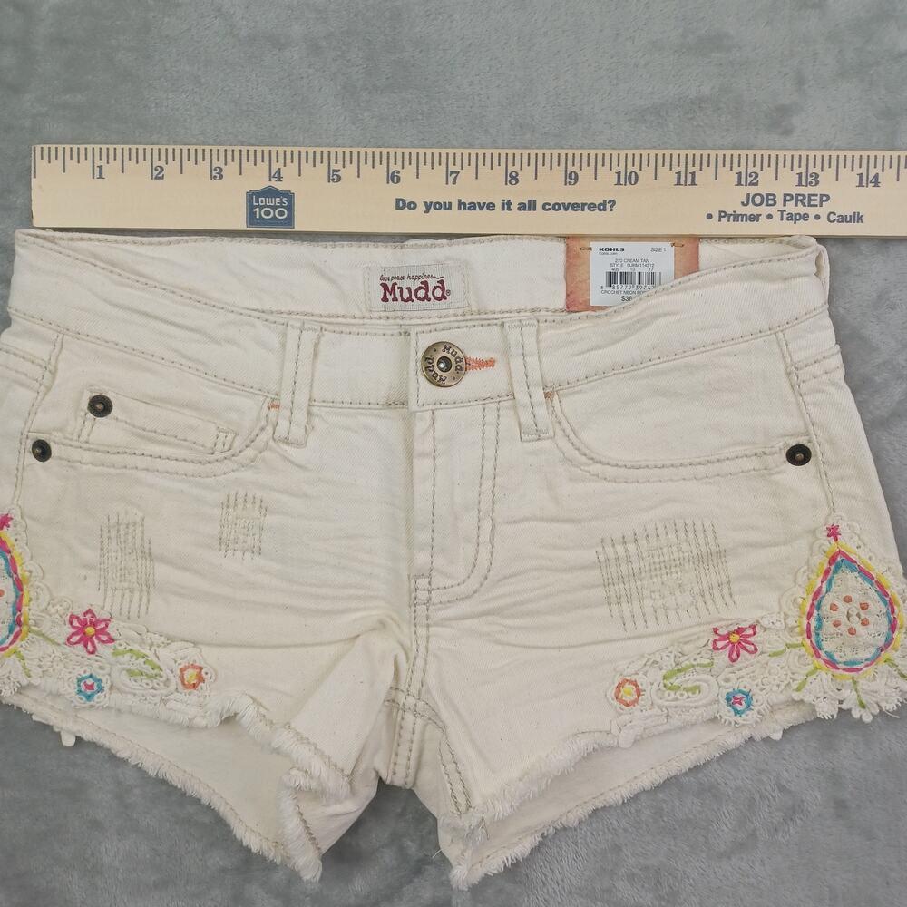 Y2K Mudd Crochet Low Denim Short Size 1 Cream Cutoff Shortie Festival Indie Boho - Picture 9 of 12